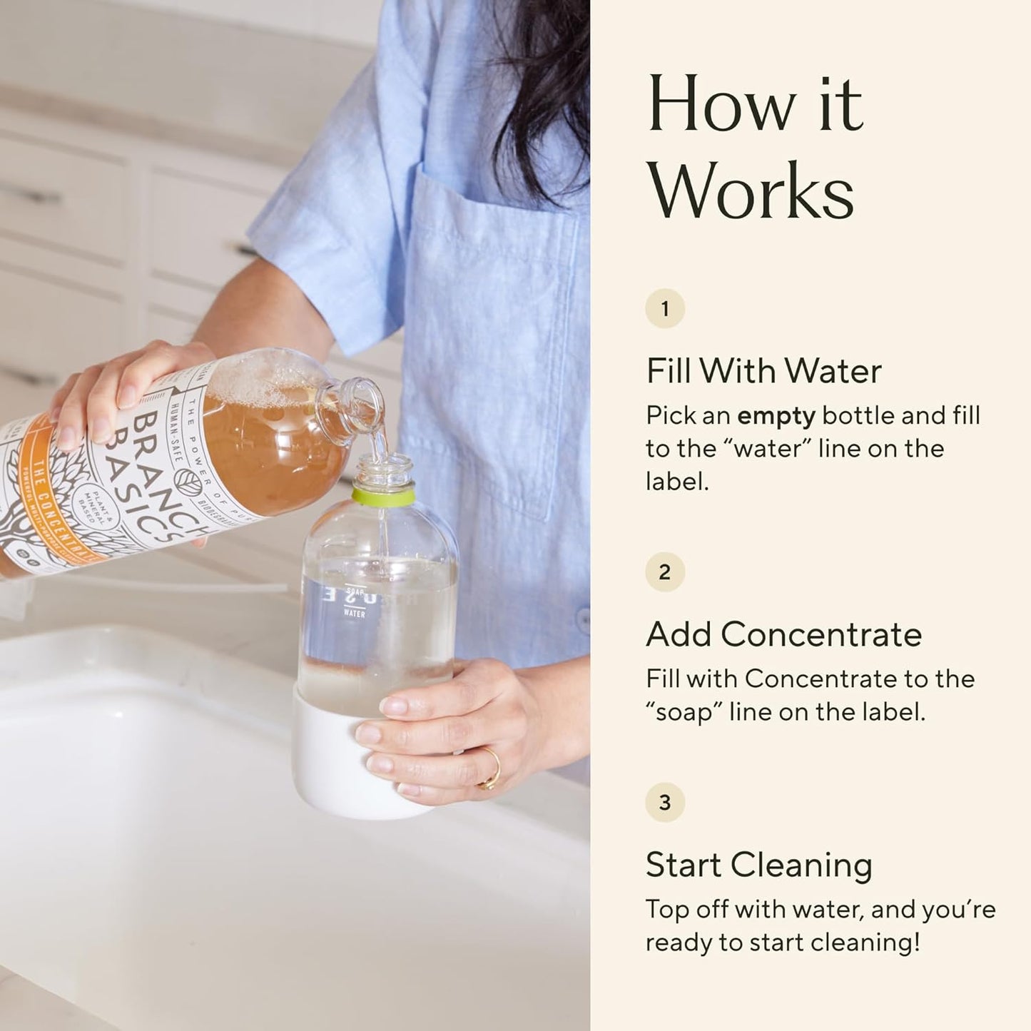 Branch Basics Cleaning Essentials Kit in Glass: All Purpose Cleaner and Bathroom Cleaner - Concentrate (33.8 Oz) + Glass Spray Bottles for Cleaning (16 Oz) Fragrance-Free