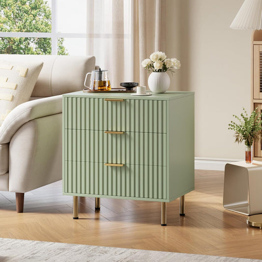 Green 3 Drawer Dresser for Bedroom, Fluted Modern Nightstand with Deep Drawers, Chest of Drawers with Wide Top, Wooden Dresser Organizer, Side Table for Living Room, Hallway, Kids Room