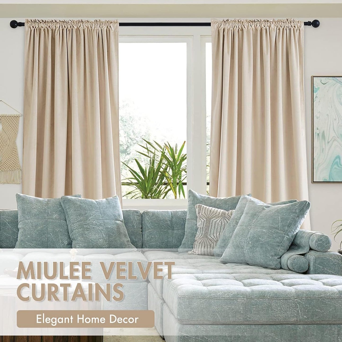 MIULEE Beige Velvet Curtains Thermal Insulated Blackout Curtain Drapes for Bedroom Living Room Darkening 96 Inches Long Curtains Panels Rod Pocket Set of 2
