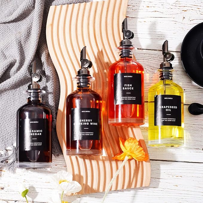 Molimoli Olive Oil Dispenser Bottle for Kitchen With Weighted Pourer - Glass Cruet Set of 4 | 350ml