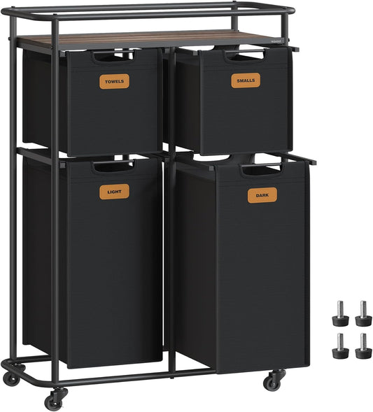 VASAGLE Laundry Sorter, Laundry Hamper with Wheels, 39.6 Gal. (150 L) Portable Rolling Cart Baskets with Shelf, 4 Removable Liners and 6 Labels, Ink Black and Chestnut Brown URLS100B01