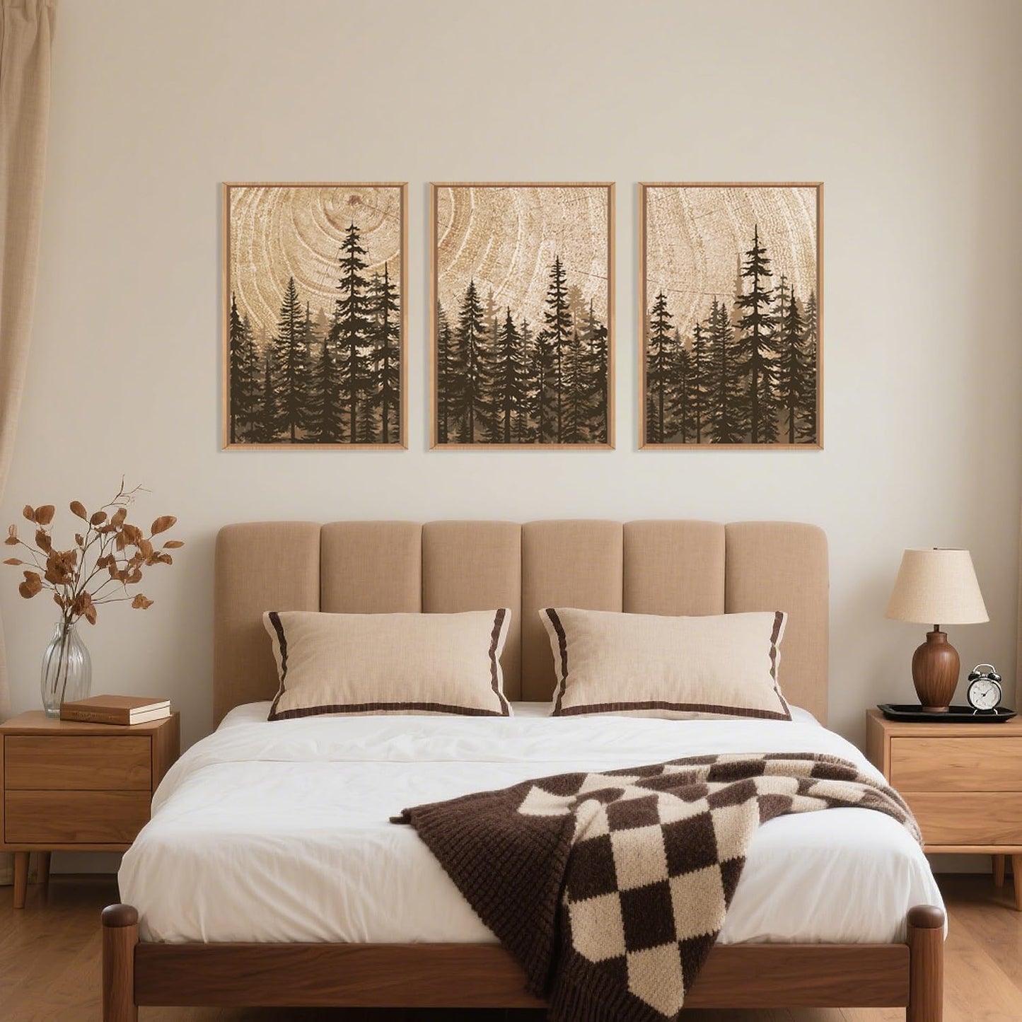 Pine Tree Framed Canvas Wall Art Set, Natural Woodland Landscape Wall Decor, Large Retro Forest Painting, Vintage Brown Artwork for Living Room, Bedroom, Kitchen, Study, Office - 16"x24"x3
