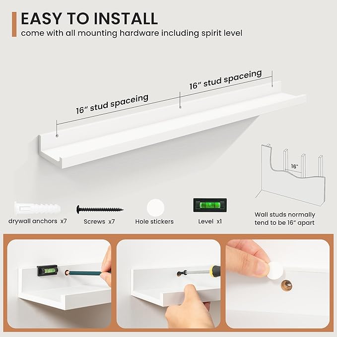 Fun Memories Picture Ledge Shelves Set of 2, 36 Inch Rustic Wall Mounted Floating Shelves with Lip for Home Storage and Décor in Bathroom, Kitchen, Nursery, Bedroom, Living Room, White