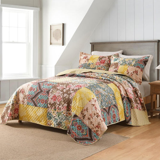 Autumn Dream Cotton Bedspread Quilt Sets Reversible Bedding Coverlet Sets, Luxury Vintage Floral Patchwork Yellow Bedspread,Queen Size