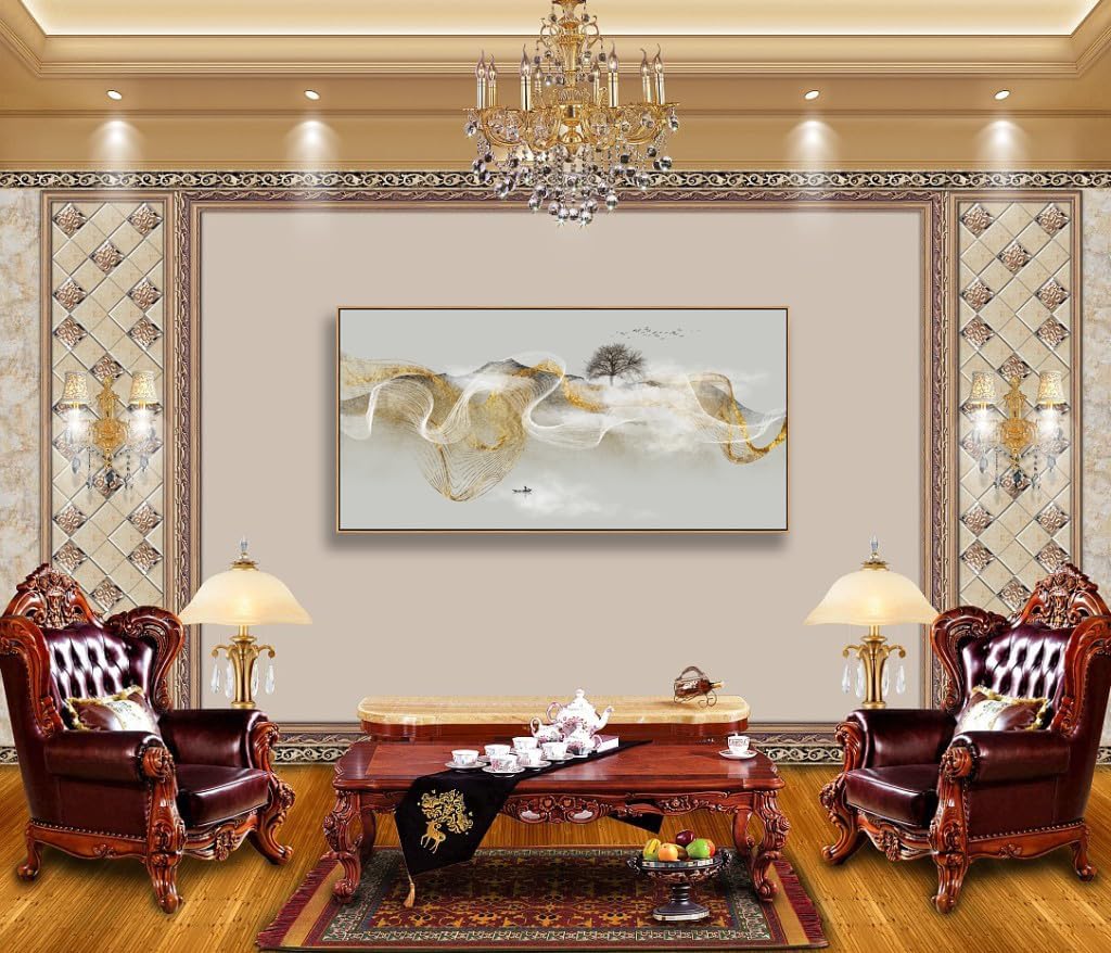 HUADAOART Wall Art Modern Zen Light Luxury Abstract Ink Landscape Background Wall Decor Canvas Print Artwork Home Decor for Living Room Bedroom 30x60 Inches（Framed）