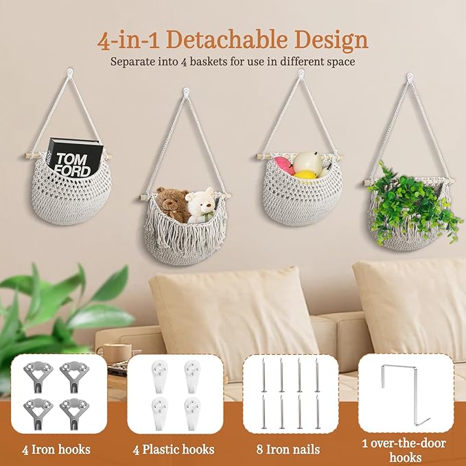4 Tier Hanging Fruit Basket for Kitchen, 4 Pack Detachable Cotton Crocheted Wall Hanging Baskets Shelf Over Door Organizer for Fruit Veggie Plant, Hanging Storage Basket for Bathroom Bedroom(Beige)