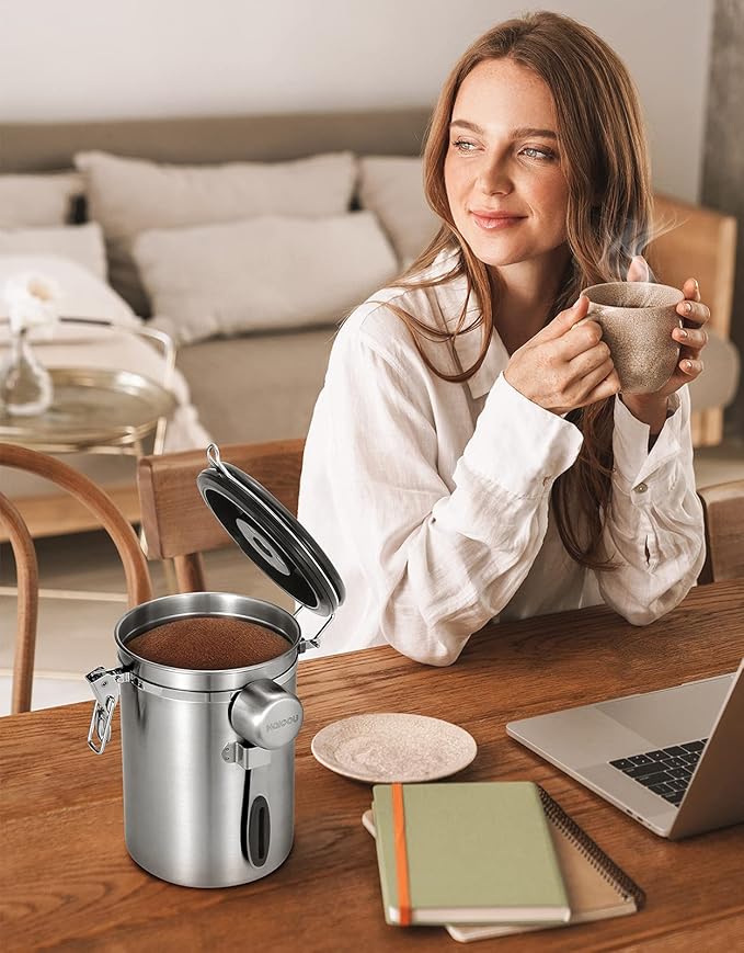 HAIOOU Airtight Coffee Canister, 16OZ Small Stainless Steel Coffee Bean Storage Container with Date Tracker, Measuring Scoop, CO2 Releasing Valves and Mini Tongs for Beans, Grounds and more - Silver