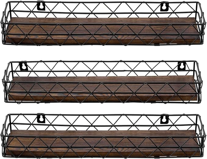 MyGift 14 Inch Wall Mounted Kitchen Spice Racks, Rustic Burnt Solid Wood and Black Metal Wire Geometric Hanging Organizers for Seasoning Jars or Condiment Bottles, Set of 3