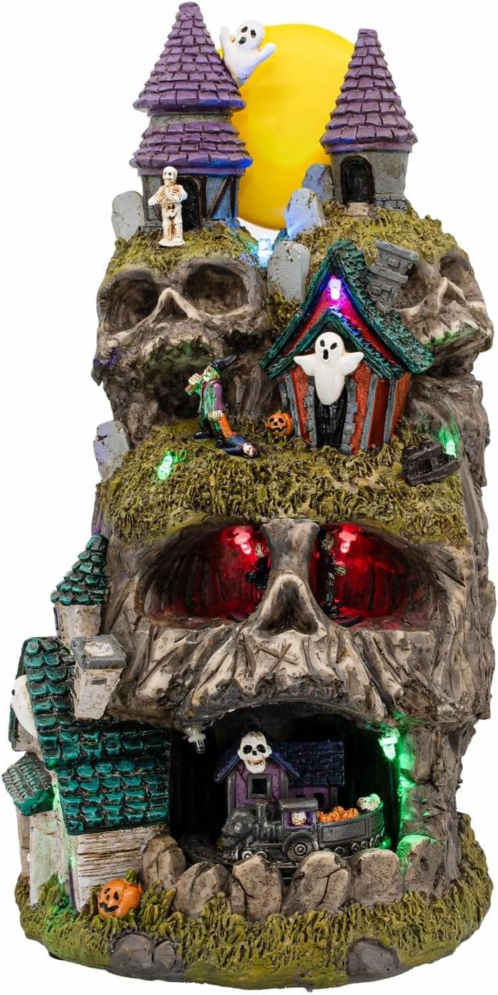 Skullstone Hollow Skull Theme Spooky Halloween Village Multi-Color LED Lights, Animated Motion and Music 7.75" x 7.5" x 13.5"