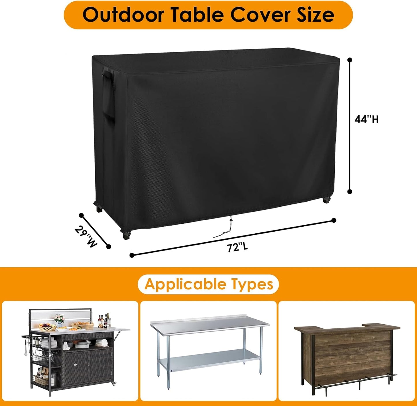 Kingling Outdoor Table Cover for Bar Table, 72 Inch Waterproof Patio Bar Cover for Outdoor Prep Table - 72''L x 29''W x 44''H