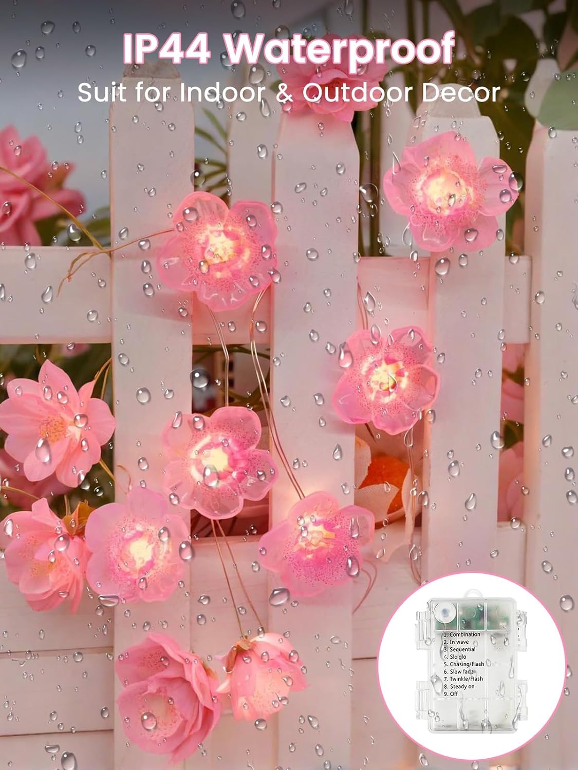 Cherry Blossom Flower String Lights for Bedroom, Pink Fairy Lights Battery Operated with Remote & 8 Modes & Timer, 10ft 30 LED Waterproof String Light Indoor Outdoor for Wedding Home Christmas Decor