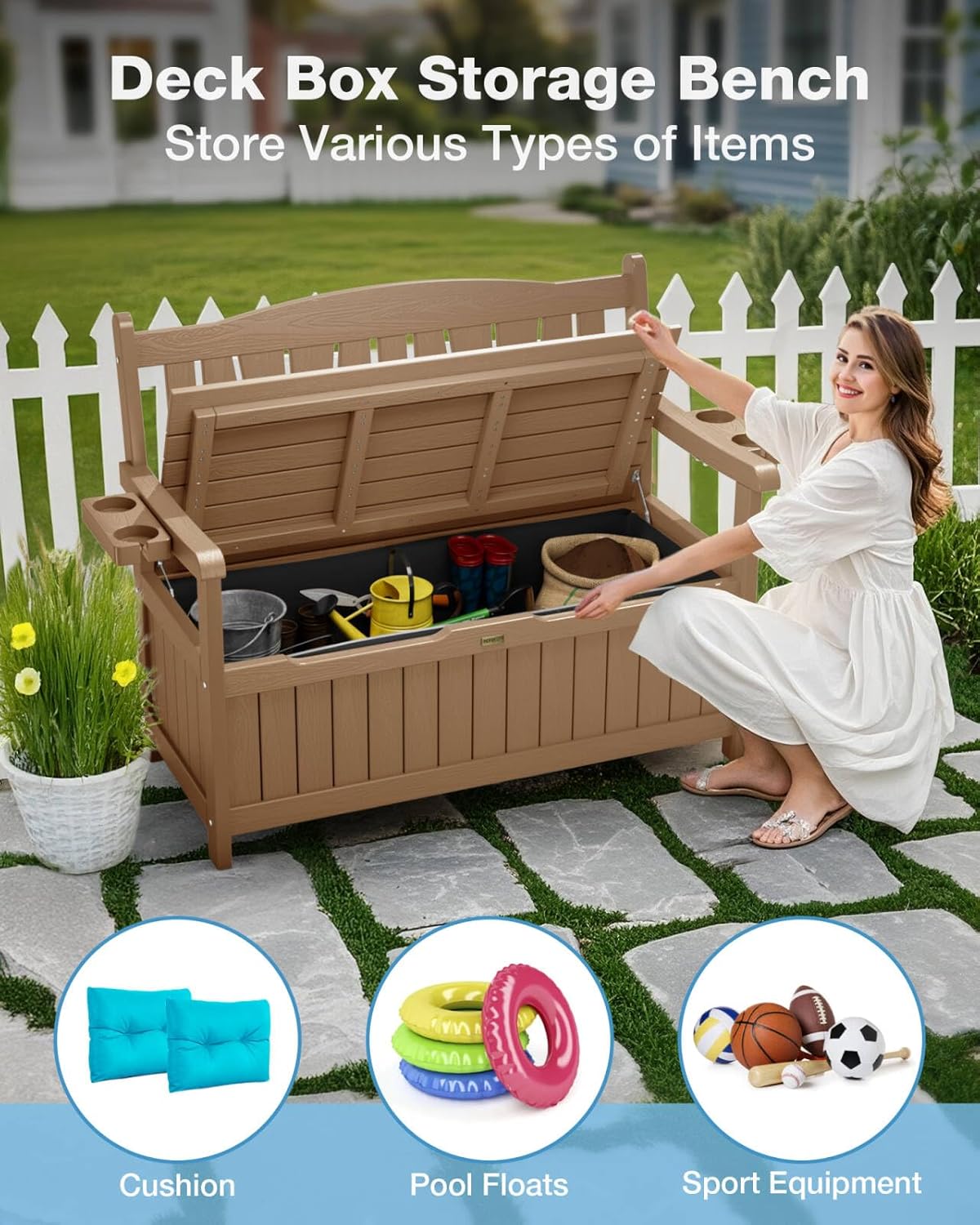 YEFU Outdoor Storage Bench for Patio: Heavy Duty Garden Bench with 96° High Backrest & Oversized Seating - HIPS Weatherproof Patio Bench with Storage for Porch Park Backyard, Teak