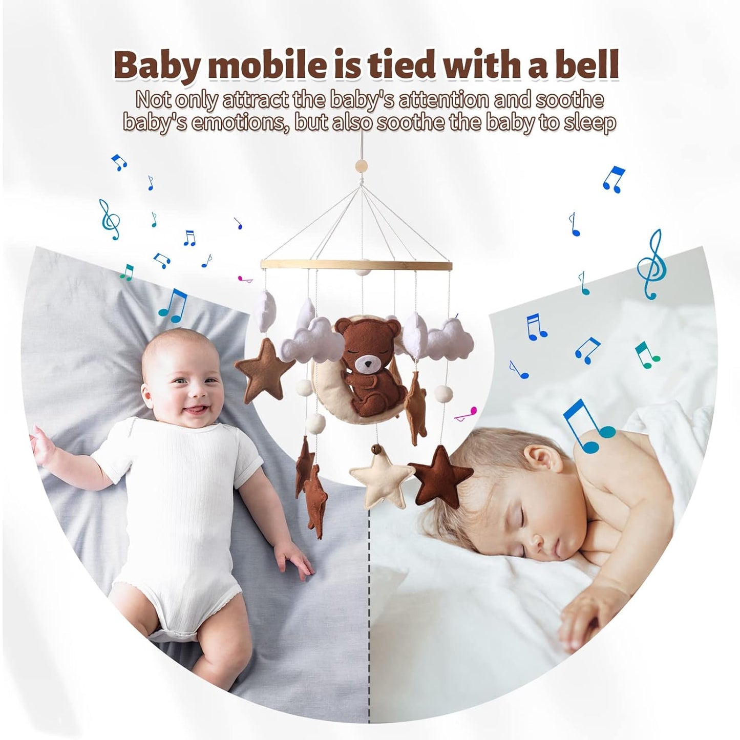 Baby Mobile for Crib - Animal Crib Mobile With Music for Girls and Boys, Wooden Bed Bell Hanging, Nursery Mobile for Bassinet Room Decor (Bear)