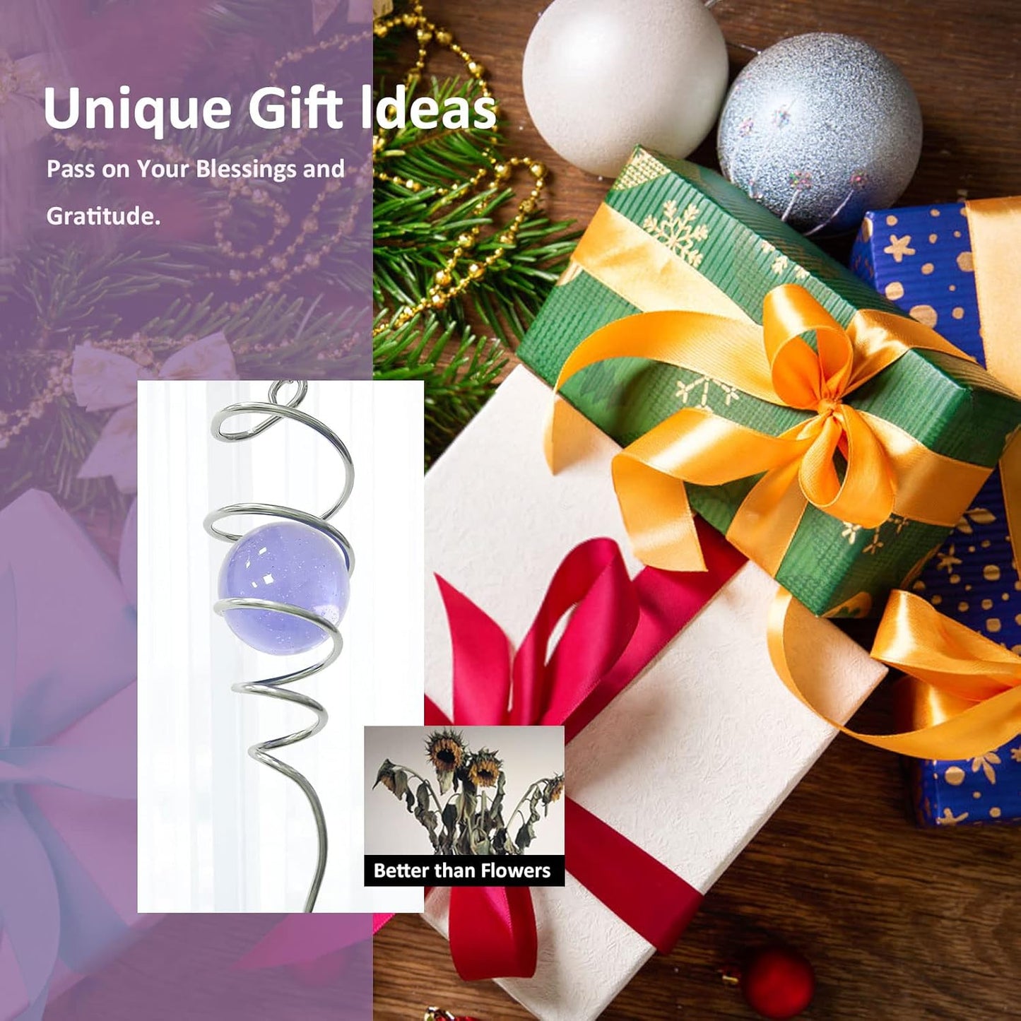 Gazing Ball Spiral Decorative Wind Spinner Sun Catcher 11inch Tail and 2 inch Glass Orb. Indoor Outdoor Garden Decoration Wind Sculptures-13 inch Height (Purple)