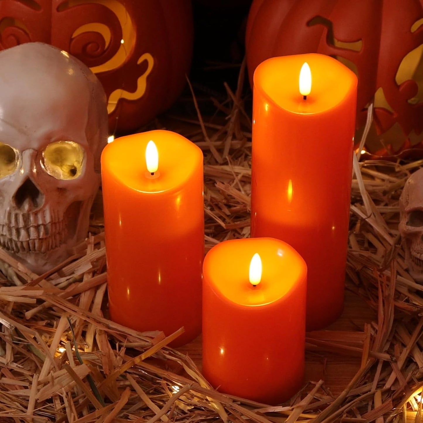 NURADA Outdoor Flameless Candles with Remote Timer - Waterproof Realistic Flickering LED Pillar Electric Battery Operated Fake Candle for Halloween Home Fireplace Decor - 3 Pack Orange (D3”H4”6”8”)