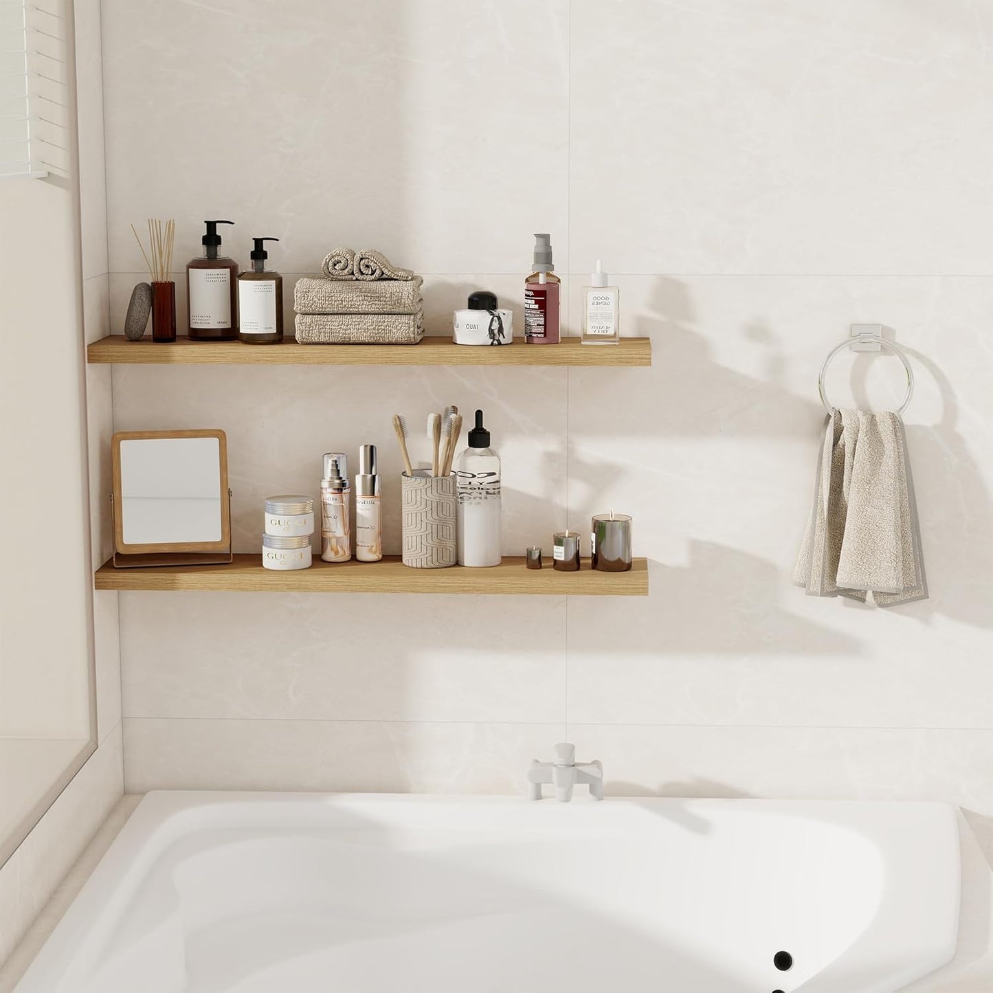 Fun Memories Floating Shelves for Wall, 36" Rustic Wood Deep Wall Mounted Shelves with Invisible Brackets for Decor & Storage, Floating Shelf for Living Room, Bathroom (Oak, Set of 2)