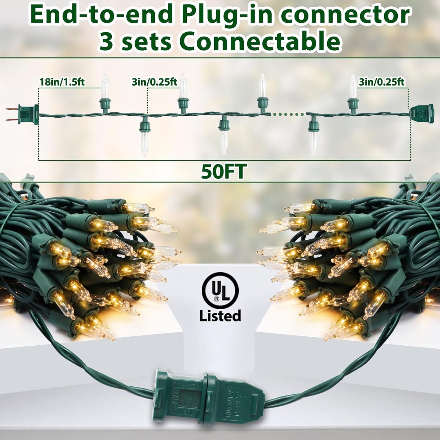 Clear Christmas Lights 50FT 200 Incandescent Bulbs Warm White Mini Lights with Green Wire for Christmas Tree, Garland, Thanksgiving, Wedding, Party, Home, Indoor & Outdoor Festival Decoration