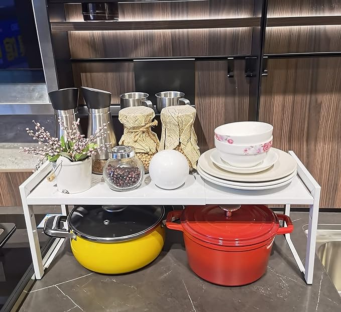 Expandable Cabinet Shelf Organizer 16-26" L Stackable Kitchen Counter Shelf Rack Stand Sink Riser Countertop Storage White (Normal 7.9”D)