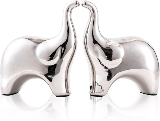 Loving Pair of Small Cute Silver Elephant Statues Silver Home Decor Modern Boho Style Figurine Decorative Ornaments for Living Room, Bedroom, Office Desktop, Cabinets, Shelf