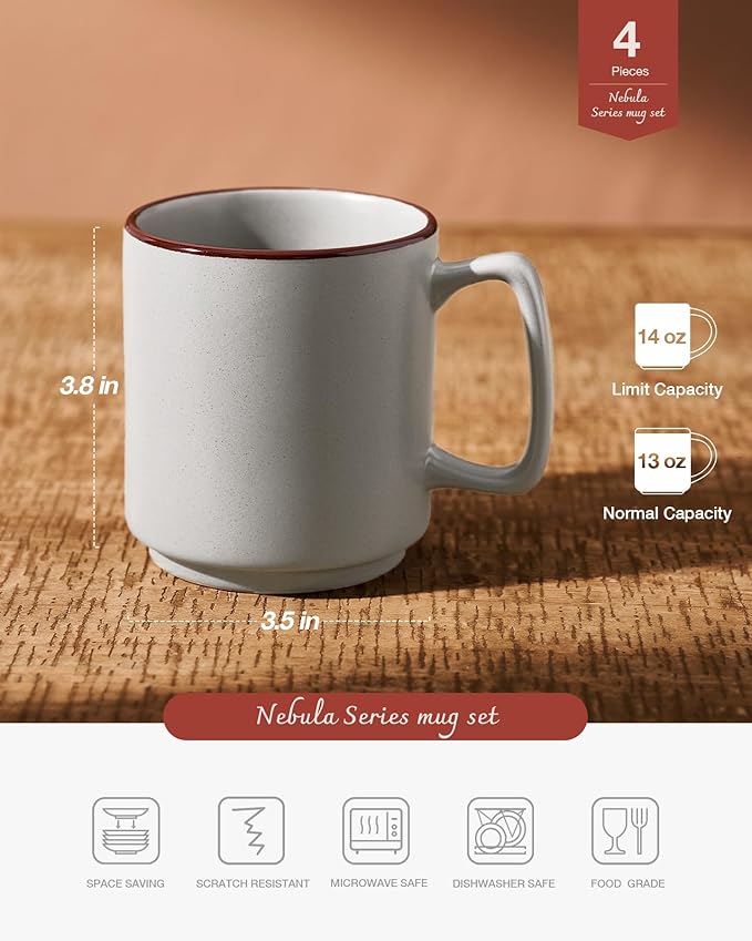 famiware Coffee Mugs Set of 4, Nebula 14oz Coffee Mugs, Ceramic Cup Set with Handle for Latte, Tea, Milk, Cappuccino, Cocoa, Light Gray