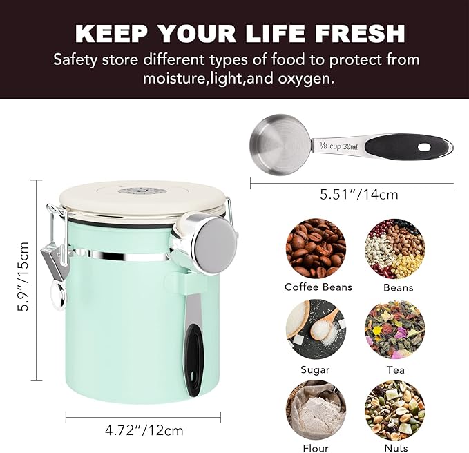 ShanSon Coffee Canister Airtight Coffee Container Stainless Steel Coffee Bean Storage Container with CO2 Release Valve and Scoop Coffee Canister for Beans,Grounds,Sugar,Flour,Tea,Cereal,16OZ,Green