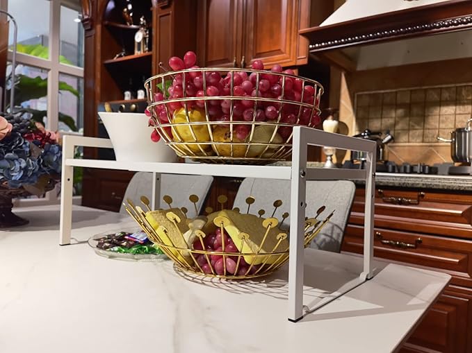 Expandable Cabinet Shelf Organizer 16-26" L Stackable Kitchen Counter Shelf Rack Stand Sink Riser Countertop Storage White (Wide 10.6”D)