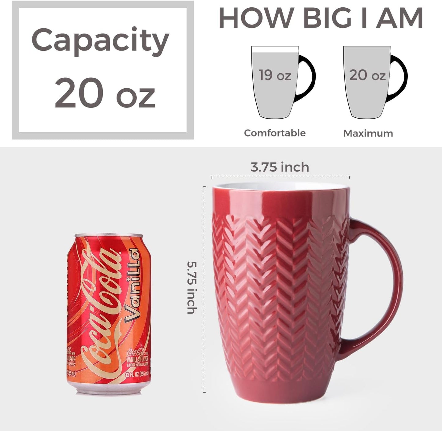 AmorArc Extra Large Coffee Mugs Set of 6, 20oz Ceramic Tall Coffee Mugs with Textured Geometric Patterns for Latte/Tea/Beer/Hot Cocoa, Dishwasher & Microwave Safe, Burgundy