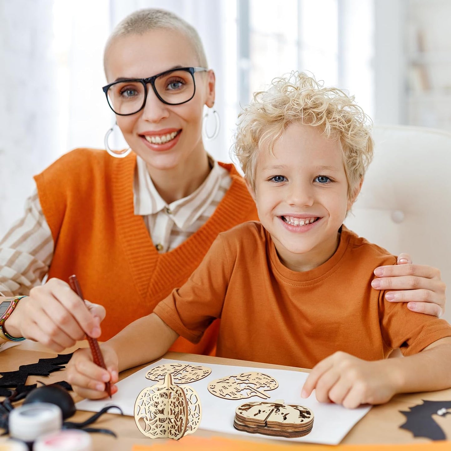 COCHIE DIY 3D Halloween Pumpkin Wood Crafts to Paint for Kids Adults, Paintable Unfinished Wooden Slices for Craft, Cutouts Ornaments for Painting Decorations (24 PCS)