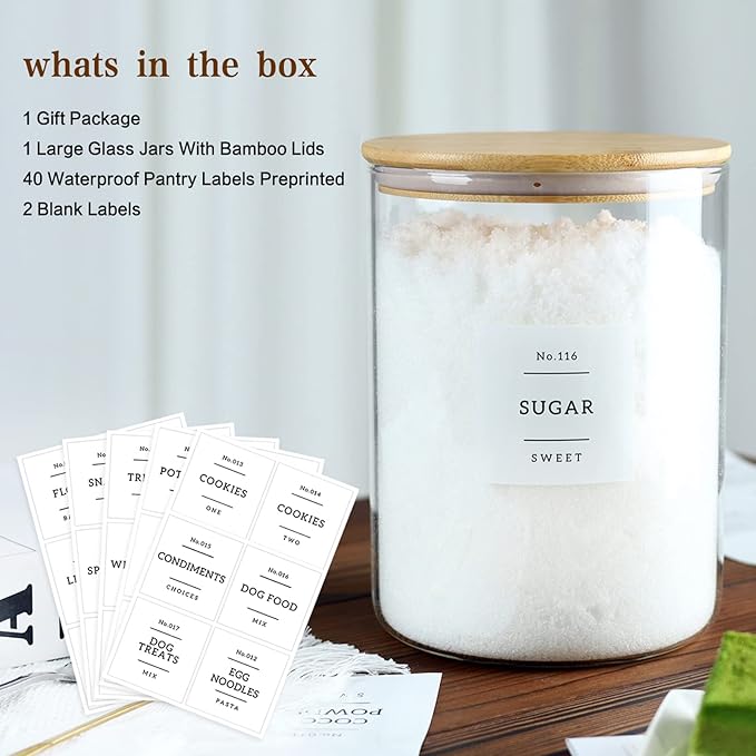 Large Glass Flour and Sugar Containers Jars with Bamboo Airtight Lid - 100 Fl Oz (3000ml) with Kitchen 42 Pantry Labels for Dry Food, Flour, Pasta, Cereal