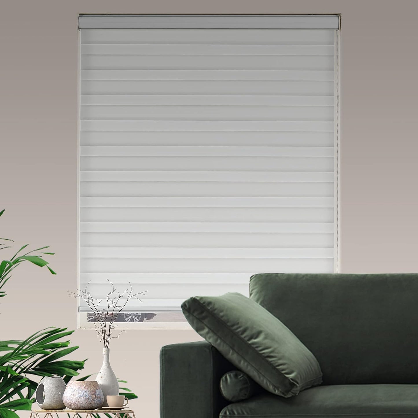 Zebra Blinds for Windows Dual Layer Light Filtering Privacy Free-Stop Sheer Shades Light Control for Indoor Windows Zebra Shades for Living Room(67" W X 72" H, White)