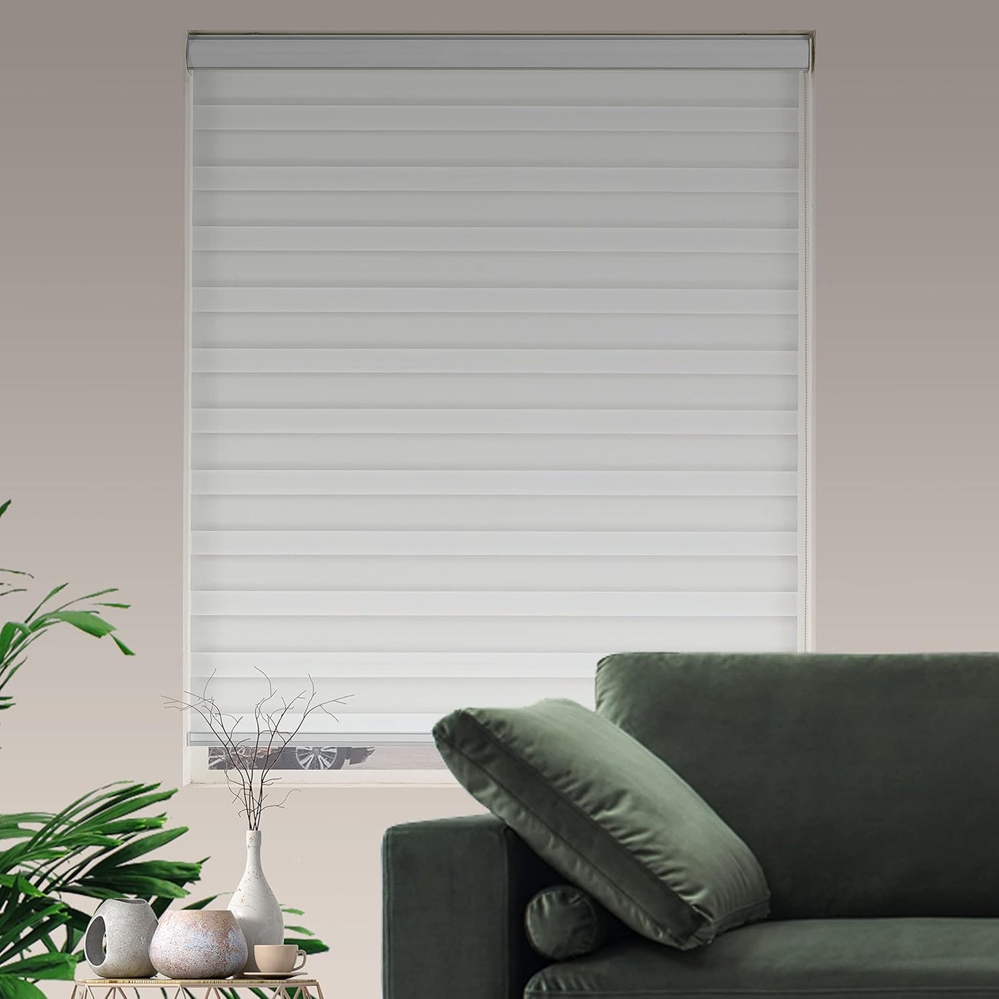 Zebra Blinds for Windows Dual Layer Light Filtering Privacy Free-Stop Sheer Shades Light Control for Indoor Windows Zebra Shades for Living Room(48" W X 72" H, White)