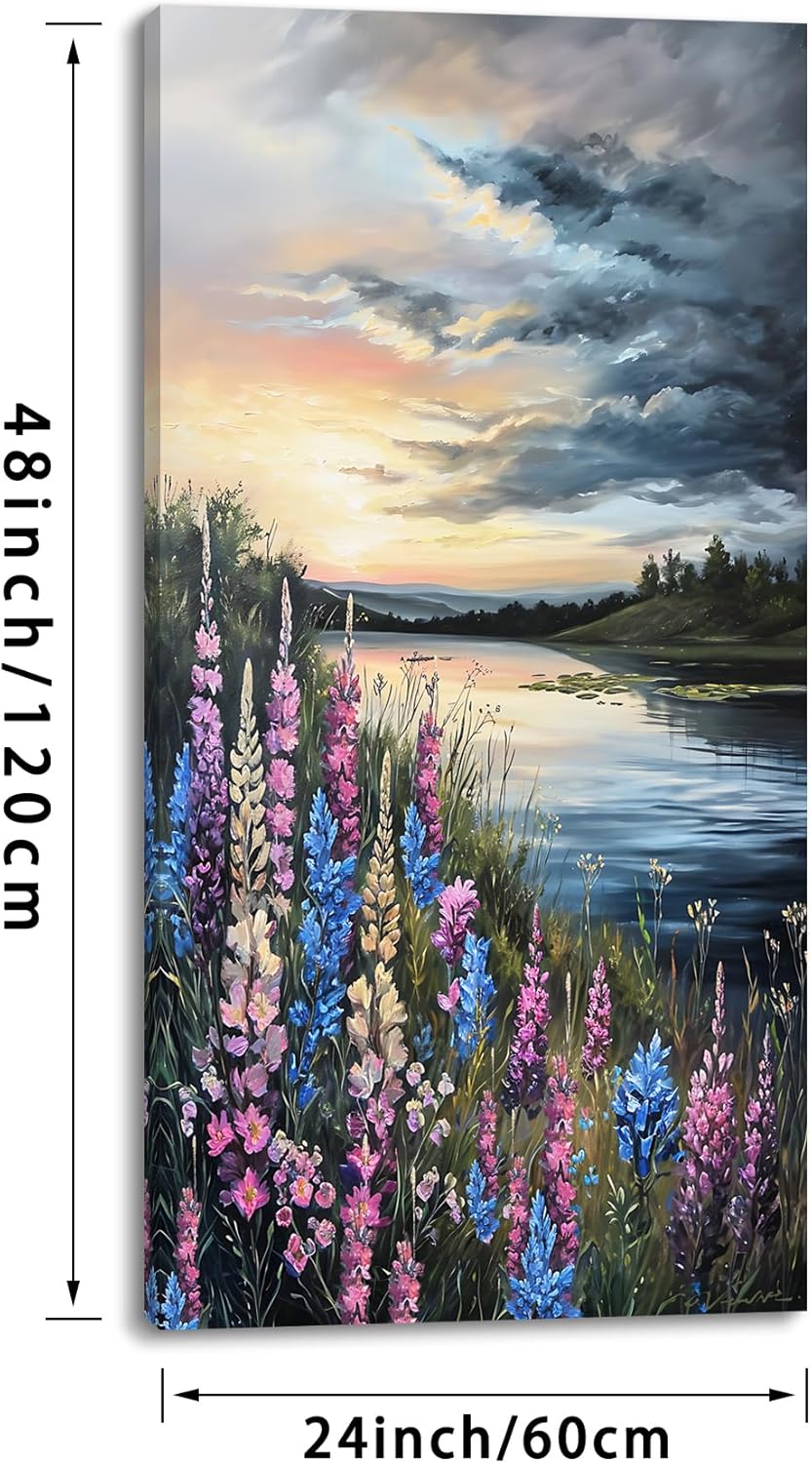 LASMOND Beautiful Colorful Grassland by Riverbank Landscape Wall Art Decor Artwork for Bedroom (24x48 Inches)