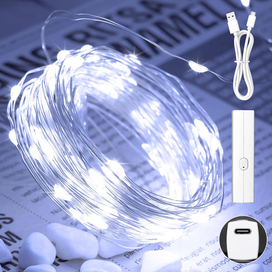 Lakumu LED String Lights Battery Operated, Rechargeable Fairy Lightswith Timer, Mini Twinkle Lights for Bedroom, Christmas Decorations, Wedding, Vine, Centerpiece Table Decor (10M/33FT Cool White)