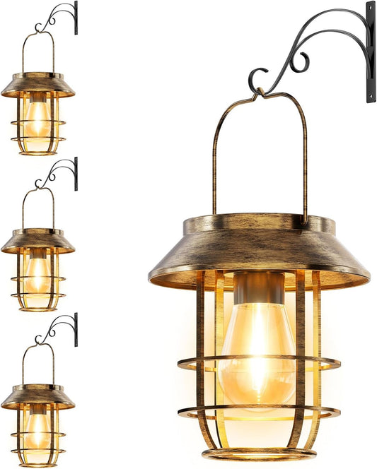Solar Lanterns Outdoor Waterproof, High Brightness Hanging Solar Lights for Outside with Wall Hooks, Retro Metal Outdoor Lanterns Auto On/Off for Porch, Patio, Yard Decor 4 Pack