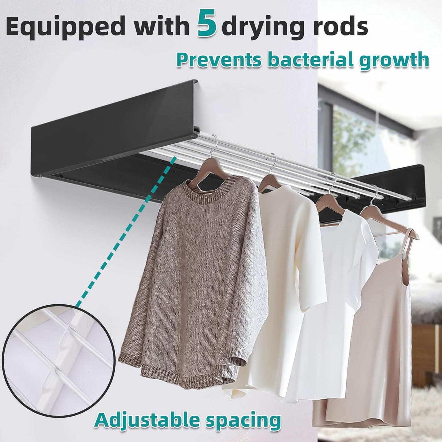 Laundry Drying Rack Collapsible, Wall Mounted Clothes Drying Rack. 39.37" Wide, 19.3 Linear Ft, 5 Aluminum Rods, with Wall Template, Screwdriver Bit (Black 1M)