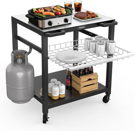 NUUK Outdoor Grill Cart 30"x 24" Pizza Oven Table 3-Shelf with Drawer BBQ Grilling Carts Outside Serving Prep Tables Stand