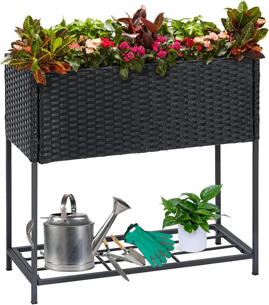 SUNNYPARK Tall Planters for Outdoor Plants Rattan Modern Elevated Planter Box with Removable Liners Indoor Outdoor Porch Patio Flower Pot (27.5’’ x 12’’ x 27.5’’)
