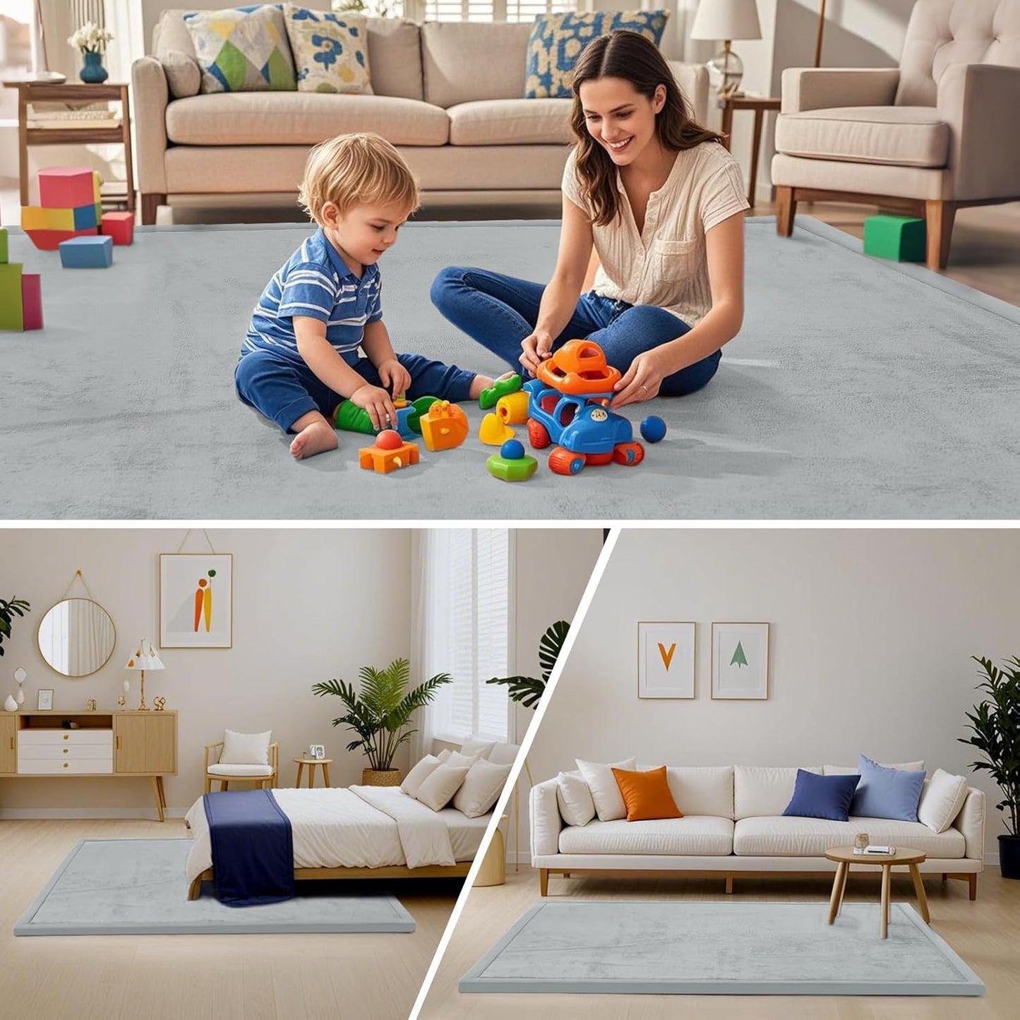 ACOMOPACK Baby Play Mat for Floor,1.3" Thick Memory Foam Area Rug for Living Room,Soft Velvet Crawling with Non-Slip Bottom for Kid,Toddler,59"×71" Tummy Time Nursery Rugs,Yoga（Light Grey）