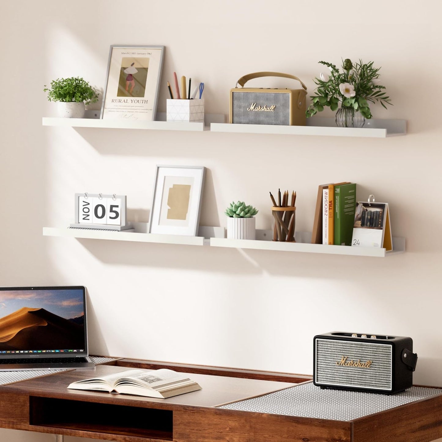 upsimples Floating Shelves for Wall, Wall Shelves for Decor Storage Set of 6, Wall Mounted Wood Shelf for Bedroom, Living Room, Bathroom, Kitchen, 23.6 inch Long Picture Ledge Shelf, White