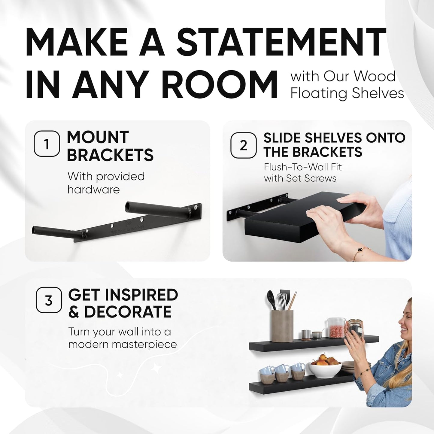 Homeforia Black Floating Shelves 36 inches Long, High End Solid Real Wood 36 inch Floating Shelf for Wall Mounted, Black Wooden 36in Floating Shelves, Heavy Duty Bracket, 36 X 6.5 X 1.75 in, Set of 2