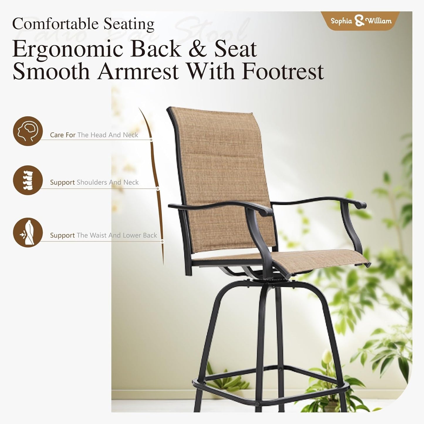 Sophia & William Outdoor Bar Set, Patio Bar Table and Chairs Set, Bar Height Patio Set - 6 x Swivel Bar Chairs(Brown-Padded), 1 x Rectangular Bar Table(Black)