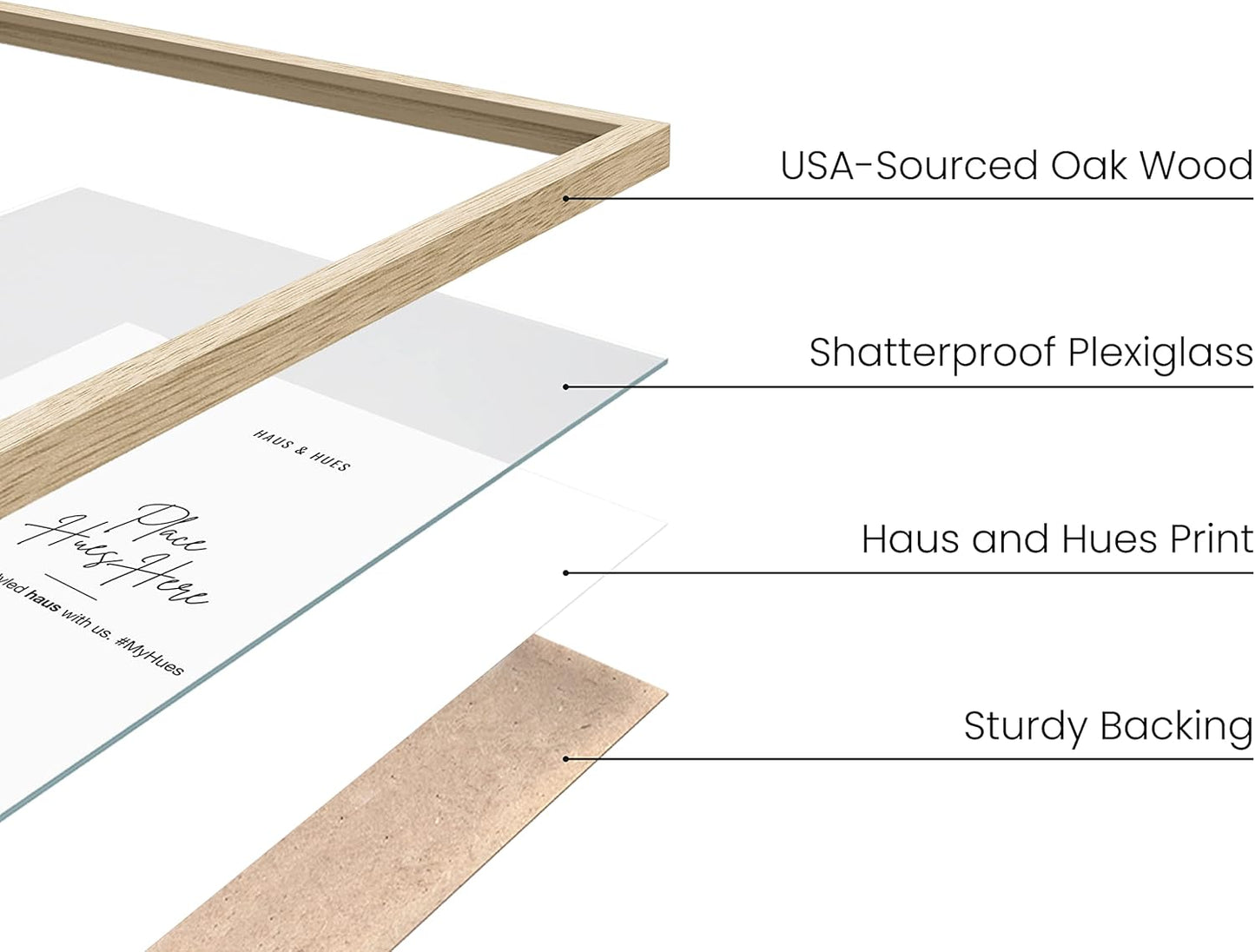 HAUS AND HUES Set of 3 Pennsylvania Oak Wood Picture Frames, 8.5x11 in, Beige, Minimalist Style, Shatterproof Plexiglass, Wall Mount, 3 Count