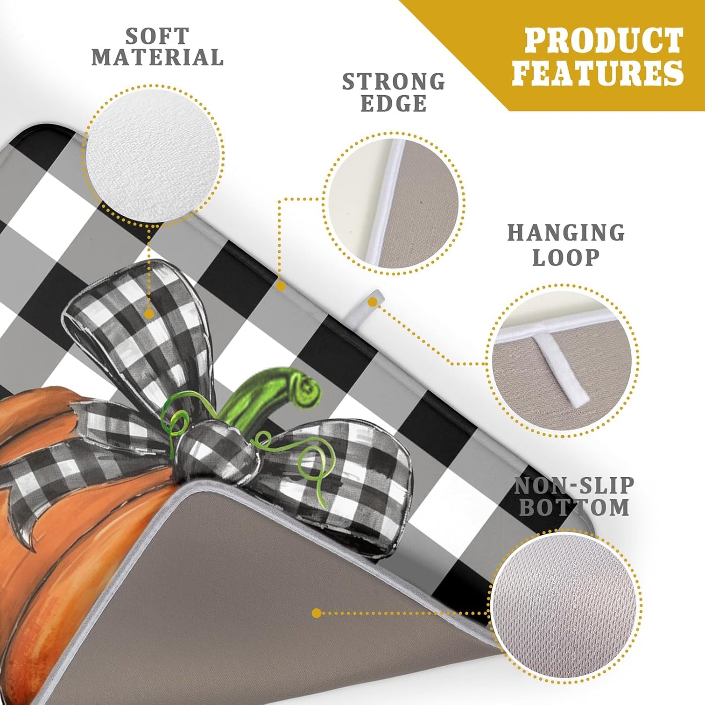 Fall Pumpkin Dish Drying Mat for Kitchen Counter Black White Buffalo Check Thanksgiving Super Absorbent Reversible Microfiber Kitchen Countertop Protector Dishes Pad Large 18x24 inch