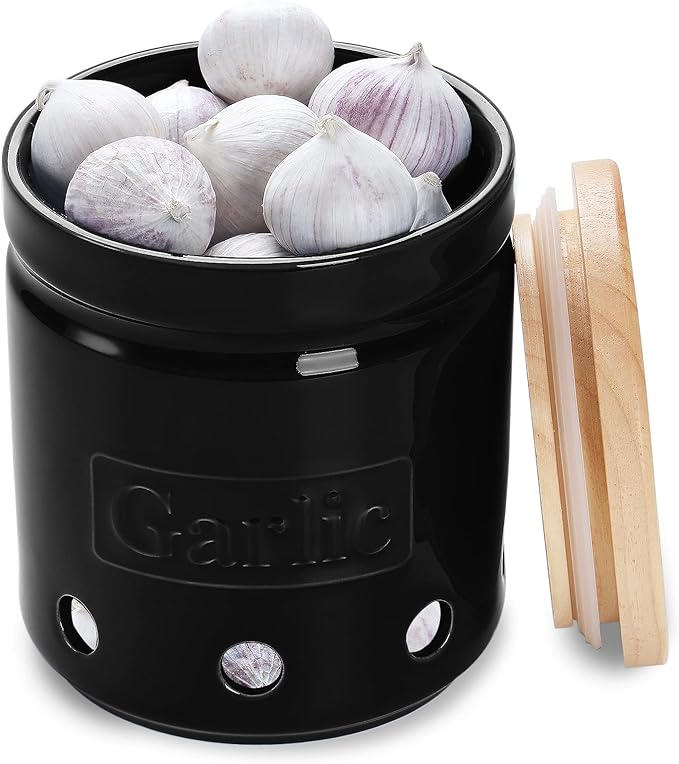 ONTUBE Large Garlic Keeper with Wooden Lid, Ceramic Garlic Holder Storage, Garlic Container for Kitchen, Garlic Saver to Keep Your Garlic Cloves Fresh Longer 4.5-Inch, Black