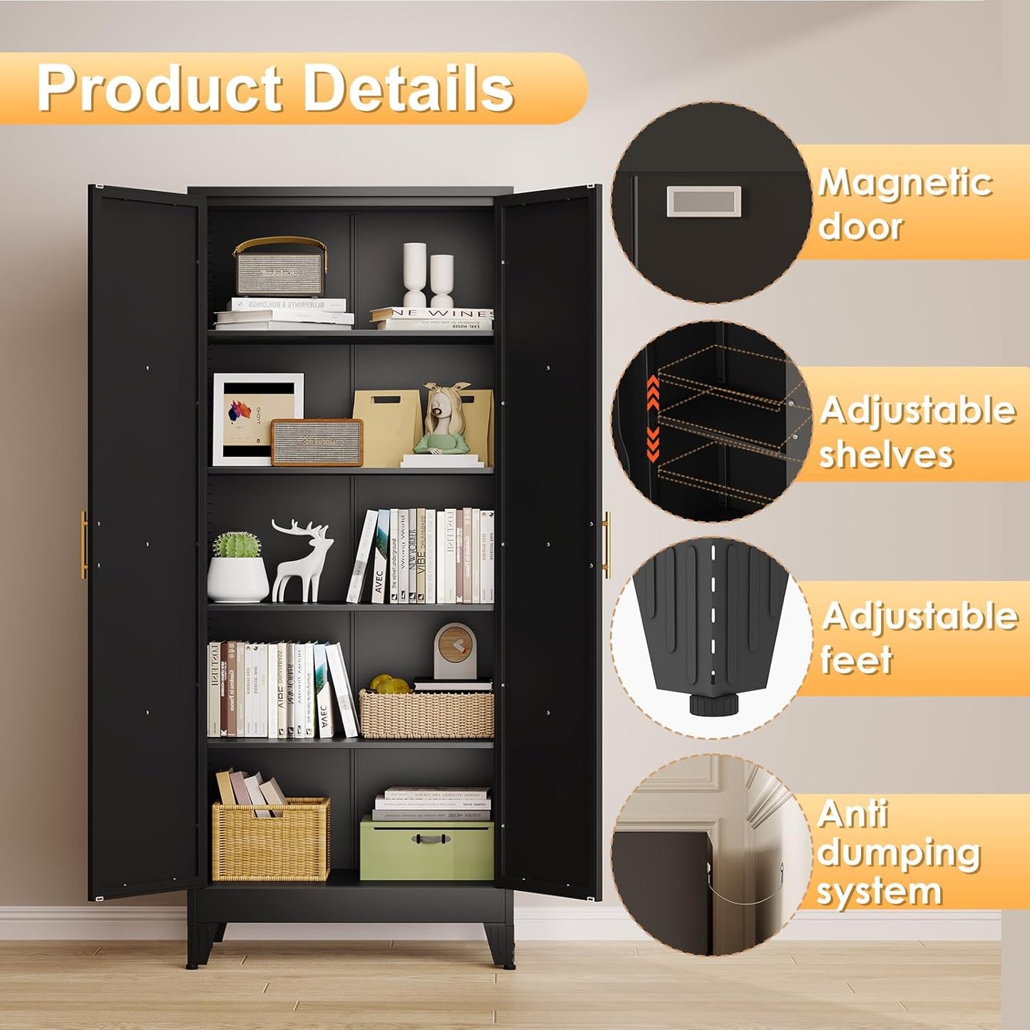 71" H Metal Kitchen Pantry Storage Cabinet, Freestanding Cupboard with 2 Doors and 4 Adjustable Shelves, Standing Storage for Kitchen, Bathroom, Garage, Dinning Room or Utility Room（Black）