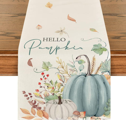 Artoid Mode Aqua Hello Pumpkin Leaves Fall Table Runner, Seasonal Autumn Kitchen Dining Table Decoration for Home Party Decor 13x108 Inch