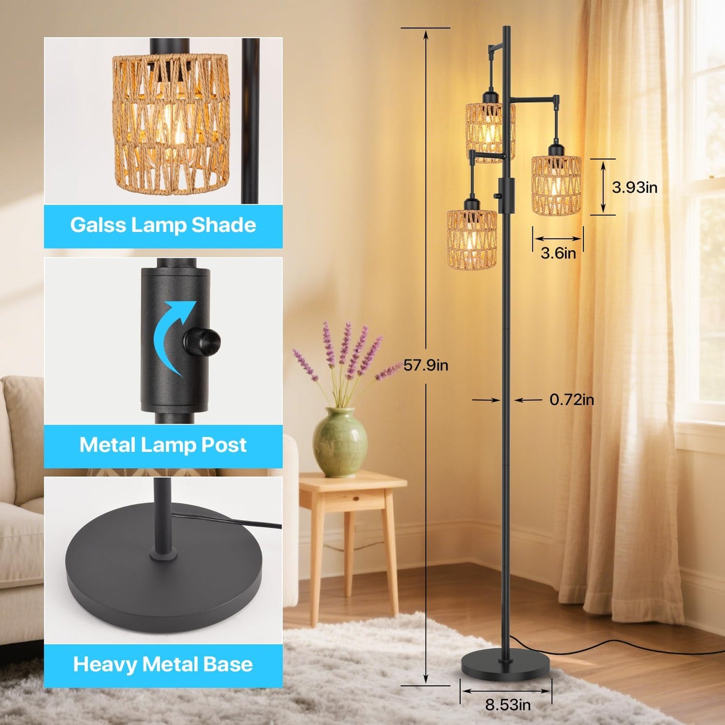 3-Light Boho Floor Lamp for Living Room, Rattan Wicker Standing Lamp Palm Tree Design, Farmhouse Coastal Floor Light with Woven Shade, Tall Bohemian Lamp