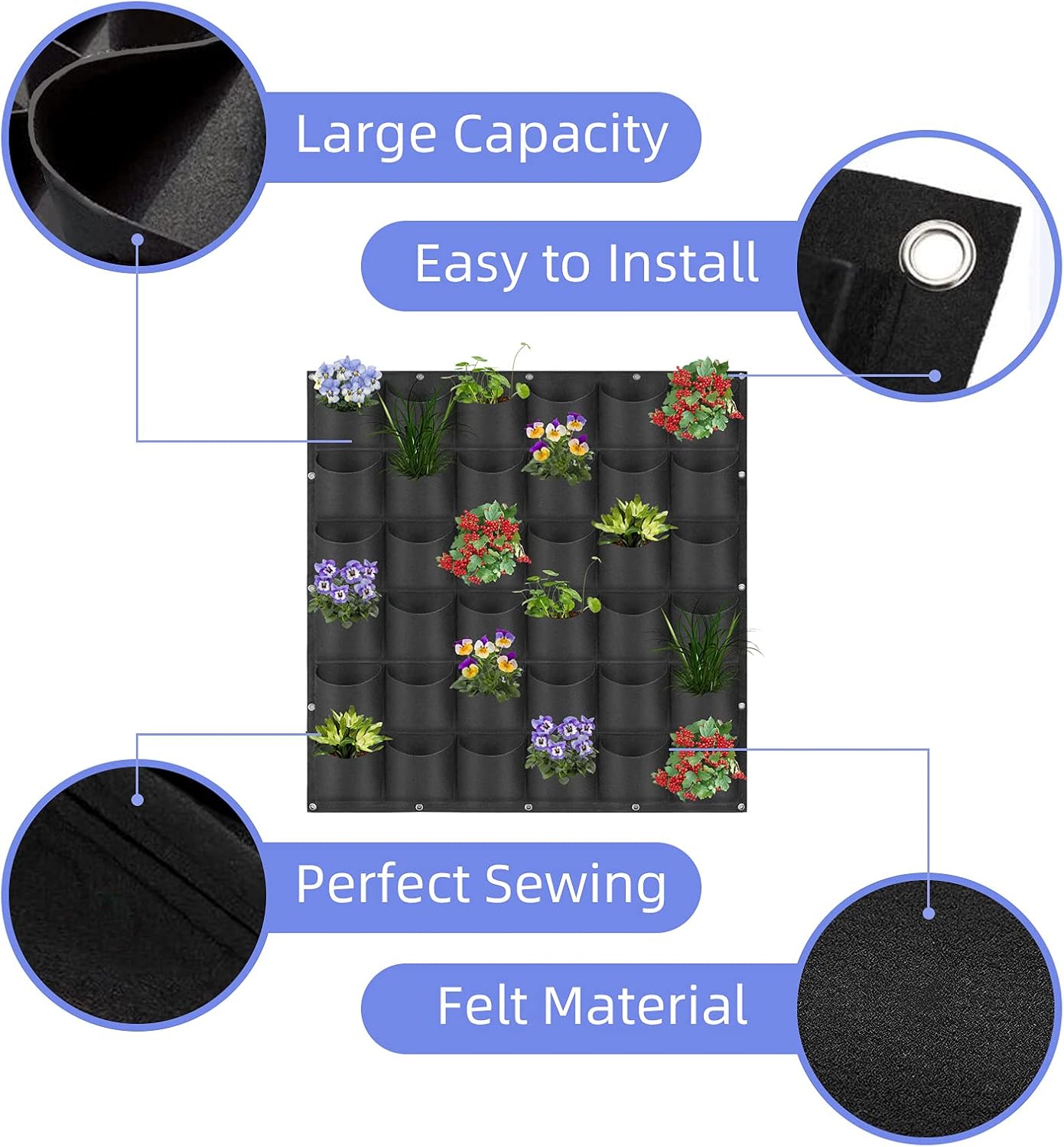 36 Pockets Hanging Planter Bags, Hanging Vertical Wall Mounted Plant Planting Grow Bags, Herb Garden Planter Outdoor Indoor Growing Bag, Gardening Vertical Greening Flower Container(1m×1m, Black)