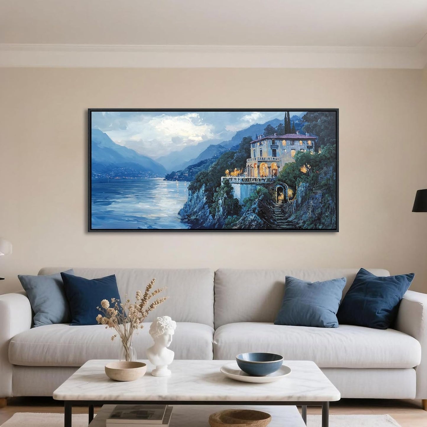 QZQCBLC Large Canvas Wall Art, Blue Mountains Lake Houses Green Trees Landscape Framed Oil Paintings Artwork for Living room Bedroom Home Kitchen Office Wall Pictures Decor 24x48 IN