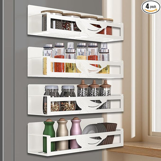 Magnetic Spice Rack for Refrigerator, 4-Pack Metal Seasoning Organizer for Kitchen Storage Organization, Space Saving Magnetic Shelf for Fridge, Pantry, Laundry Room, White